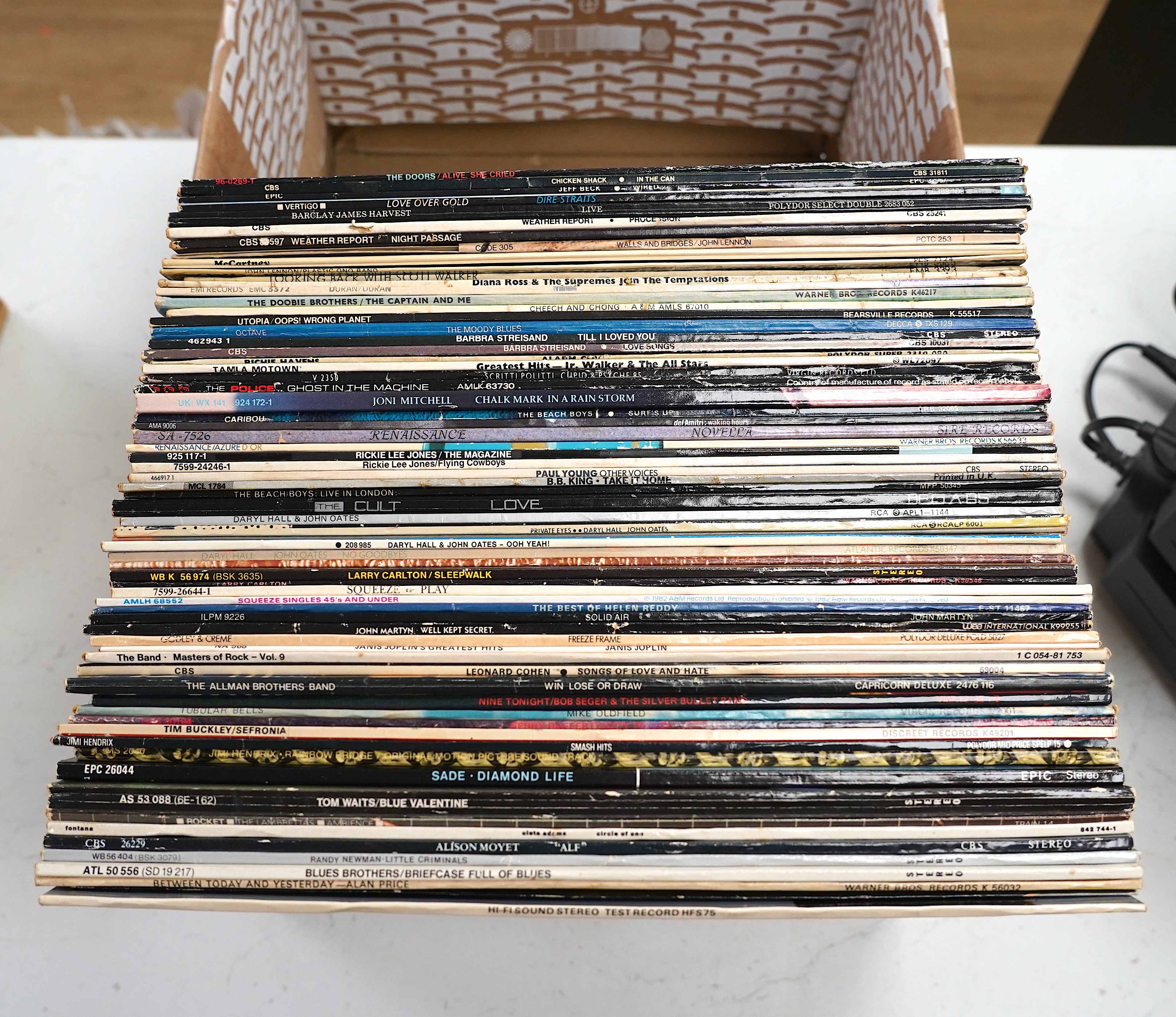 Sixty-seven LP record albums, artists including; John Lennon, Paul McCartney, Duran Duran, Barbra Streisand, the police, Joni Mitchell, Rickie Lee Jones, Chicken Shack, the Beach Boys, Daryl Hall, Weather Report, Barclay